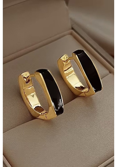 Kadın Küpe 14k Gold Renkli Mineli Preminium Halka Küpe Siyah