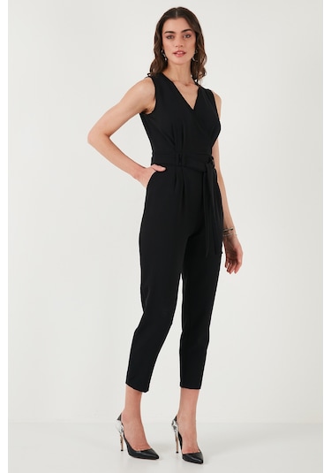 Lela Slim Fit Düz Paça Kruvaze Yaka Kemerli Bayan Tulum 6783626 Siyah