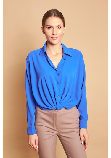 Yakalı Önü Pileli Uzun Kol Likrasız Şık Kumaş Gömlek-Saks Sax