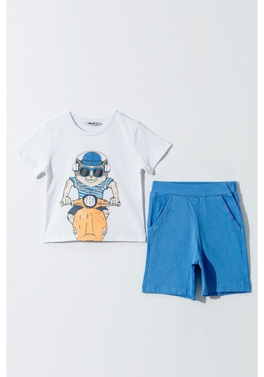 Erkek Çocuk Beyaz Basic Kedi Desenli Tişörtlü Şortlu Takım-1142 Beyaz
