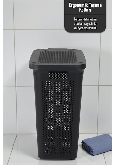 İronika Slim Kapaklı Dekoratif Kirli Çamaşır Sepeti 45 Litre - Siyah Siyah