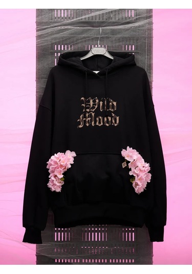 Tvoe Oversize Kapüşonlu Sweatshirt, Kadife Baskılı Kapüşonlu Oversize Sweatshirt, Kadife Baskılı 274308545 Siyah