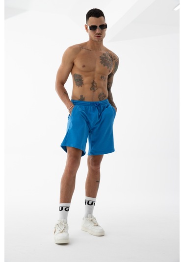 Erkek Mavi Yüksek Kalite Relax-fit Rahat Kesim %100 Pamuk Bağcıklı Siyah Düz Basic Şort Mavi