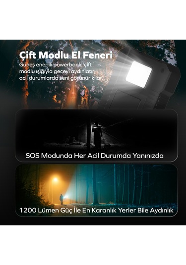 Woyax Güneş Enerjili Solar Powerbank 10000mah Led Işıklı Taşınabilir Batarya Şarj Cihazı Siyah Siyah