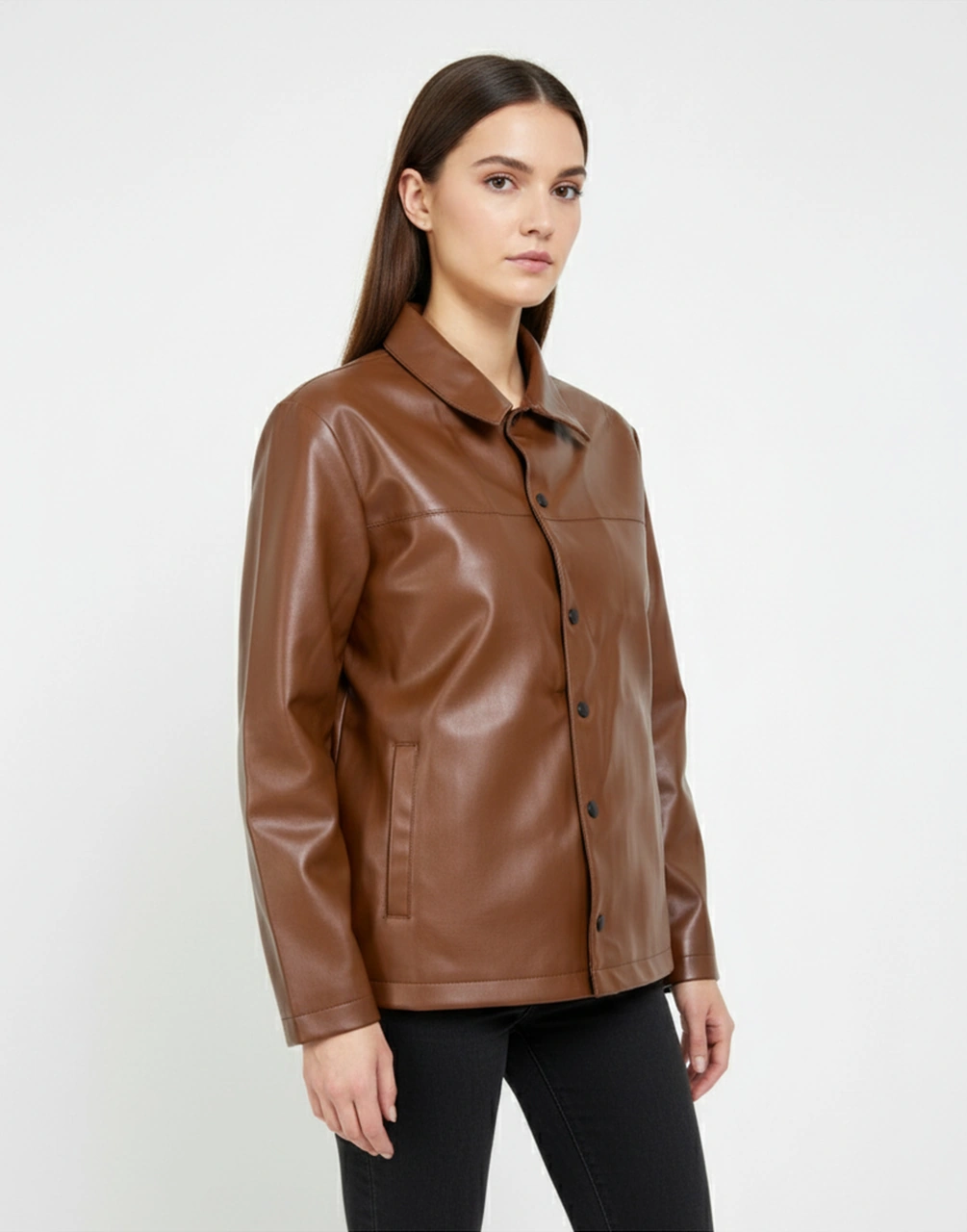 Kadın Çıtçıt Düğmeli - Suni Deri - Ceket -günlük Kullanım - Blazer Gömlek Yaka - Çift Cepli Kiremit