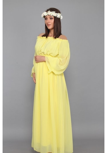 Modalabio Moda Labio - Babyshower Dökümlü Hamile Elbisesi Sarı