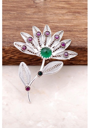 Telkari İşlemeli Taşlı Tasarım Gümüş Broş 300
