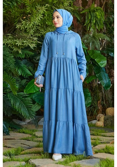 Neways 6531-Kapüşonlu Reglan Kollu Elbise Mavi