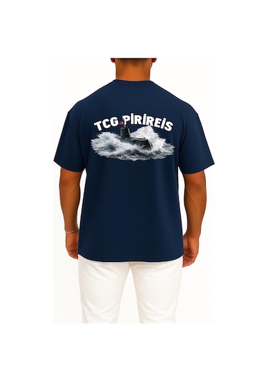 Bahriyeli Collection Oversize Tcg Pirireis Dalgalar Arası Cep Ve Sırt Baskılı Unisex T-shirt Lacivert