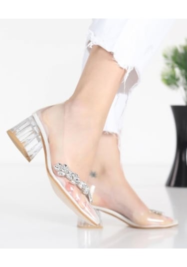 Afilli Beyaz Taşlı Kalın Şeffaf Topuklu Kadın Stiletto Ayakkabı Siyah