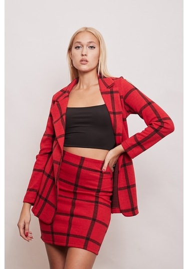 Kışlık Yünlü Kumaş Yüksek Bel Diz Üstü Kalem Etek-Kırmızı Kareli
