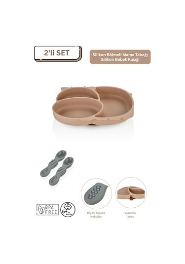 2'li Silikon Bebek Beslenme Seti / Bölmeli Mama Tabağı / Mama Kaşığı Mocca