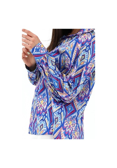 Reglan Kol Baskılı Saten Gömlek - Mavi-mavi Mavi