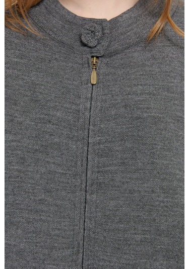 Kadın Dik Yaka Cebi Gül İşlemeli Fermuarlı Kısa Panço Gri Melanj Gri Melanj