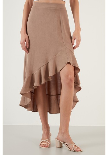 Lela Volanlı Midi Boy Yırtmaçlı Bayan Etek 6058387 Vizon