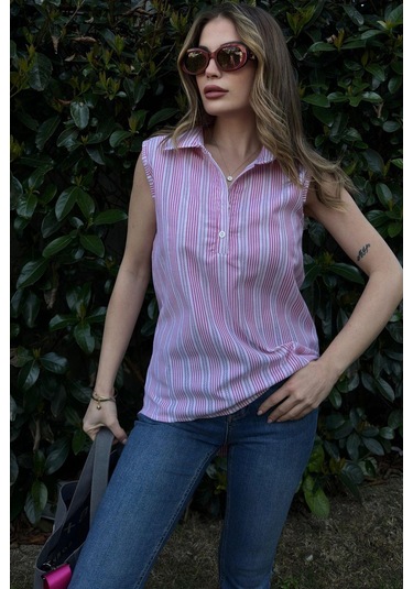 Kadın Gül Kurusu Çizgili, Dokulu Yazlık Kumaş, Yarım Patlı, Sıfır Kollu Bluz Gul Kurusu