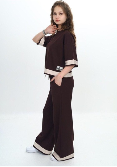 Kız Çocuk %100 Pamuk Kısa Kollu Garnili Truvakar Kol 2 İplik Alt&üst Eşofman Takımı-285-eşt-0011 Kahverengi