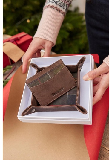 Barbour Leather Valet Tray & Card Holder Gift Set - Brown