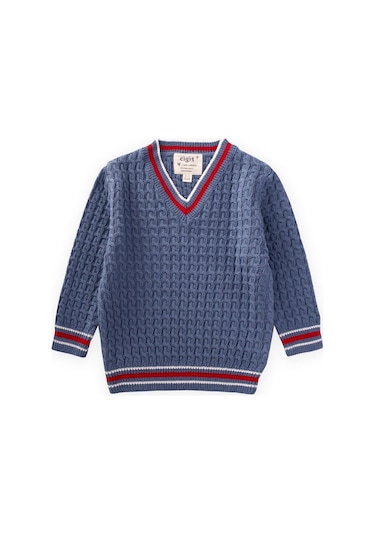 Cigit Saç Örgü V Yaka Kazak 2-9 Yaş İndigo Mavi İndigo Mavi