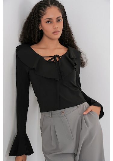 Kadın Uzun Kol Crop Bluz 979 - Siyah Siyah