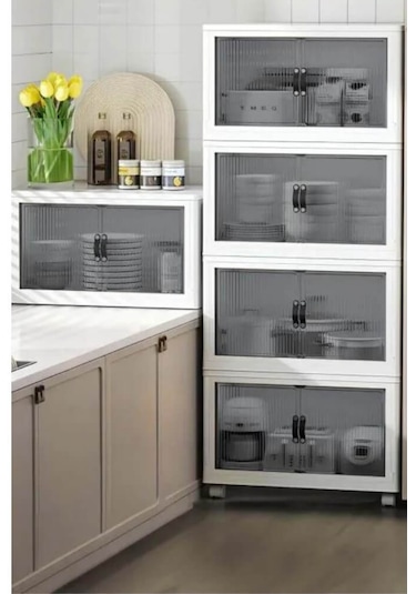 Piev Emayhome Çok Amaçlı Kapaklı İstiflenebilir Organizer Dolap 4 Lü Cappuccino