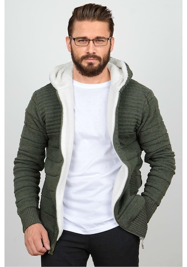 Erkek İçi Kürklü Kapüşonlu Fermuarlı Triko Hırka  T743- Yeşil
