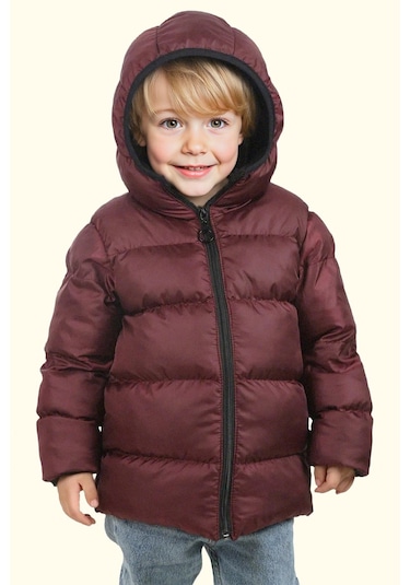 Erkek Çocuk Polarlı Kürklü Kapüşonlu Su Geçirmez Rüzgara Dayanıklı Şişme Kışlık Mont Kaban Bordo