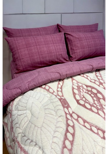 Alla Turca Desenli Jakarlı Wellsoft Uyku Seti-özel Çanta Hediyeli-düz Çarşaflı 2 Yastık Kılıflı, Pembe/gül Kurusu Gül Kurusu