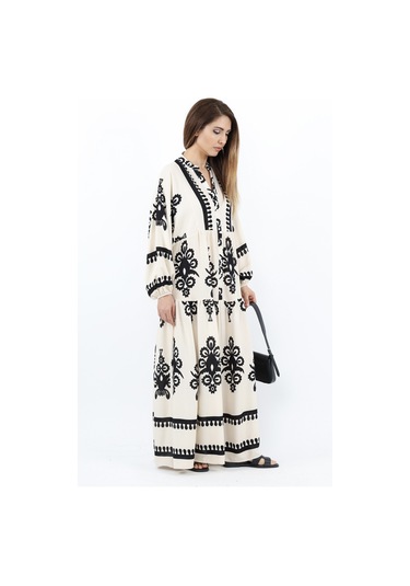 Prive Kadın Şal Desen Maksi Boy %100 Viskon Krem Siyah Uzun Elbise