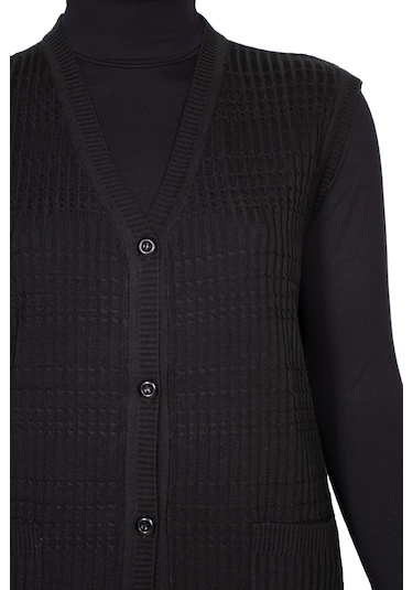 Hesna Kadın Nazan Büyük Beden Triko Düğmeli Cepli Siyah Yelek Siyah