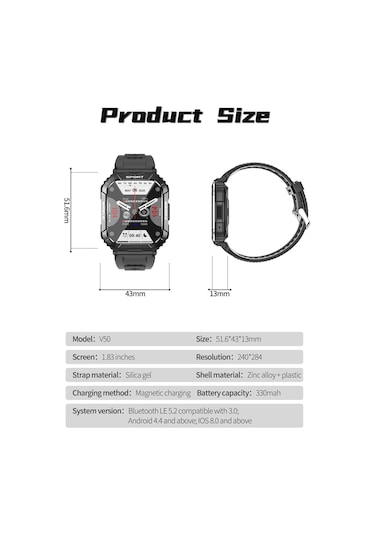 Leezsing V50 Akıllı Saat (İthalatçı Garantili): 1.83" Ips Ekran, Arama, Nabız, Spor Modları İle Sağlık Takibi Ip67 Su Geçirmez