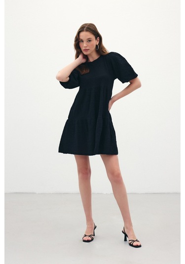 Bisiklet Yaka Balon Kol Geniş Kalıp Gofre Elbise - Siyah-136390 Siyah