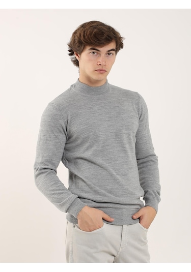 Dufy Gri Melanj Erkek Slim Fit Yarım Balıkçı Yaka Triko - 91112 Gri Melanj