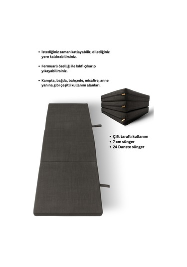 Antrasit Katlanır Sünger Misafir Yer Yatağı Ve Balkon Minderi 7cm Antrasit