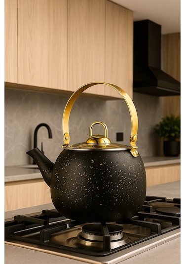 Yunusoğlu Home 1 Litre Gold Kulplu Siyah Granit Bitki Çay Demliği