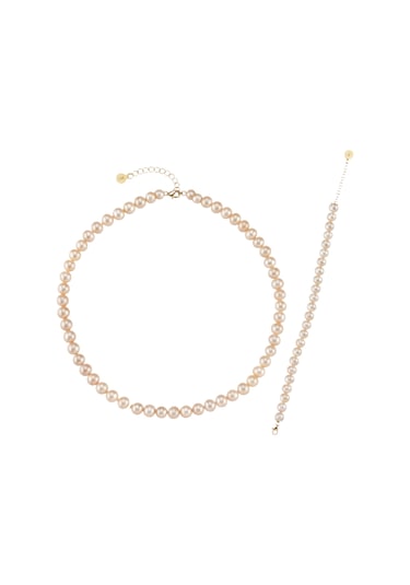 Pudra Pembe Doğal İnci Kolye Bileklik Set - Sarı