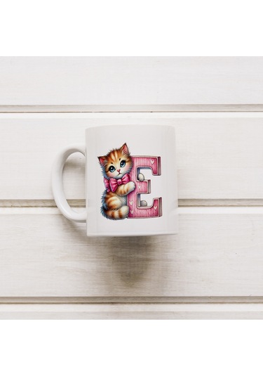 E Harfli Bardak, Sevimli Kedili Pembe Tasarım Bardak, Arkadaşa Aileye Hediye Porselen Beyaz