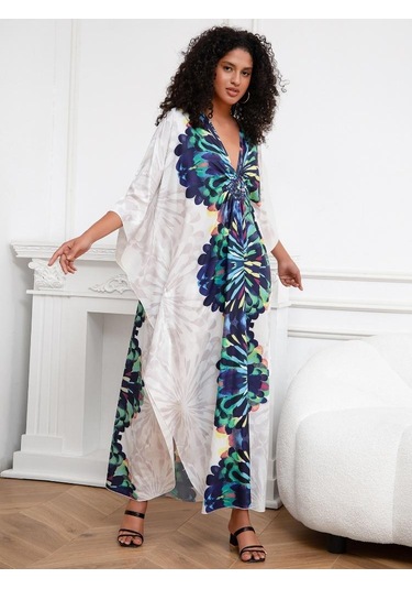 Edolynsa Beyaz Bohem Sabahlık Kaftan Ev Elbisesi Büyük Beden Ev Giyimi Nefes Alabilen Yazlık Hafif Ceket Mayo Üstü Q1289 Çok Renkli