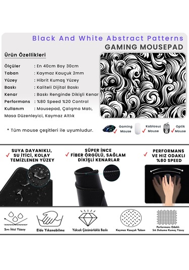 İlyuka Mousepad 40x30cm Gaming Mp364030 Black-white A. Patterns
