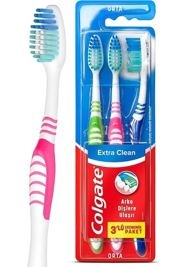 Colgate Extra Clean Dil Temizleyicili Arka Dişlere Uzanan Orta Diş Fırçası 3'lü Ekonomik Pake