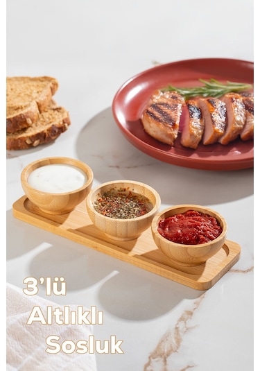 Porsima 2078 3lü Ahşap Bambu Standlı Kase Çerezlik