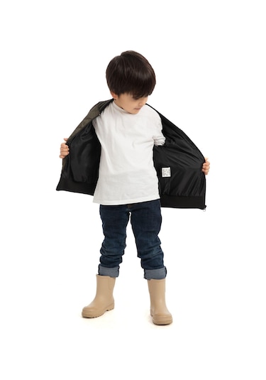 Erkek Çocuk Kolej Yaka Astarlı Su Ve Rüzgar Geçirmez Fermuarlı Mont Ceket Haki