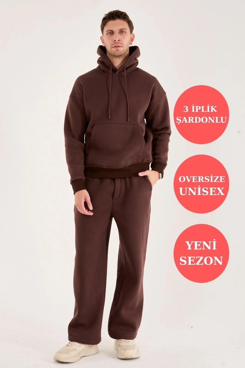 Q-4008 Kapüşonlu Üç İp Şardonlu Sweat Kahverengi
