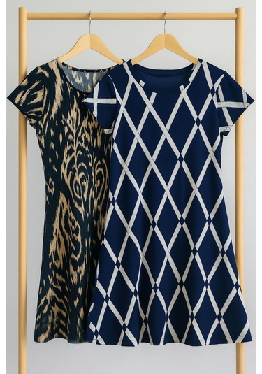 2 Adet Dökümlü Rahat Kalıp Günlük Penye Kumaş Elbise Lacivert - Krem