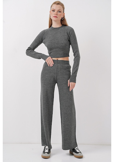 Bigdart 15905 Kadın Crop Kazak Pantolon Triko Alt Üst Takım - Füme