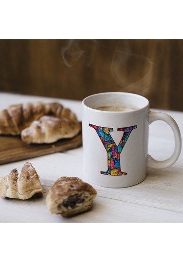Y Harfi Bardak 330 Ml İsme/harfe Özel Hediye, Renkli Harf Tasarım Beyaz