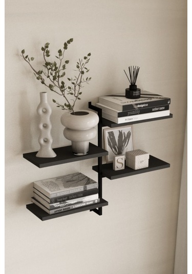 Aju 4 Katlı Duvar Rafı Metal Çerçeveli Dekoratif Kitaplık Ve Raf Ünitesi Modern Ve Minimalist Tasarım Siyah