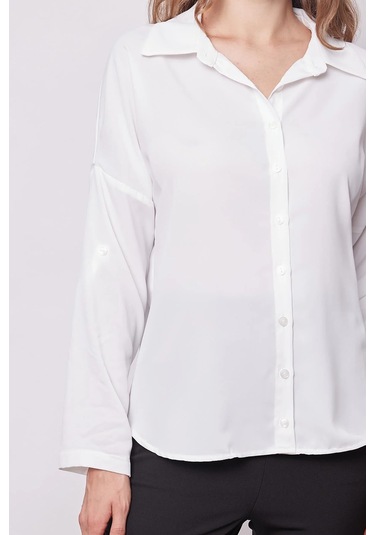 Likrasız Şık Kumaş Yakalı Sırt Dekolteli Uzun Kol Apoletli Gömlek-krem Krem