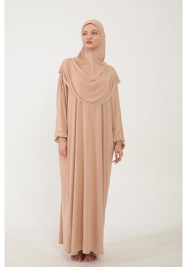 Kadın Tesettür Pamuklu Başörtülü Namaz Elbisesi Dantelli Tek Parça Penye Kumaş Bej