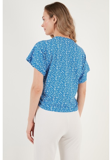 Lela Desenli Önü Büzgülü V Yaka Crop Bayan Bluz 5864486Y4 Saks